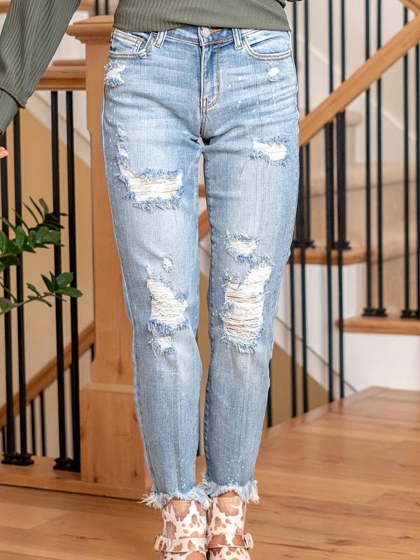 Plain Light Washed Blue Casual Style Zipper Button Closure Denim Pants, Women's Denim Jeans & Clothing trendy jean fashion casual